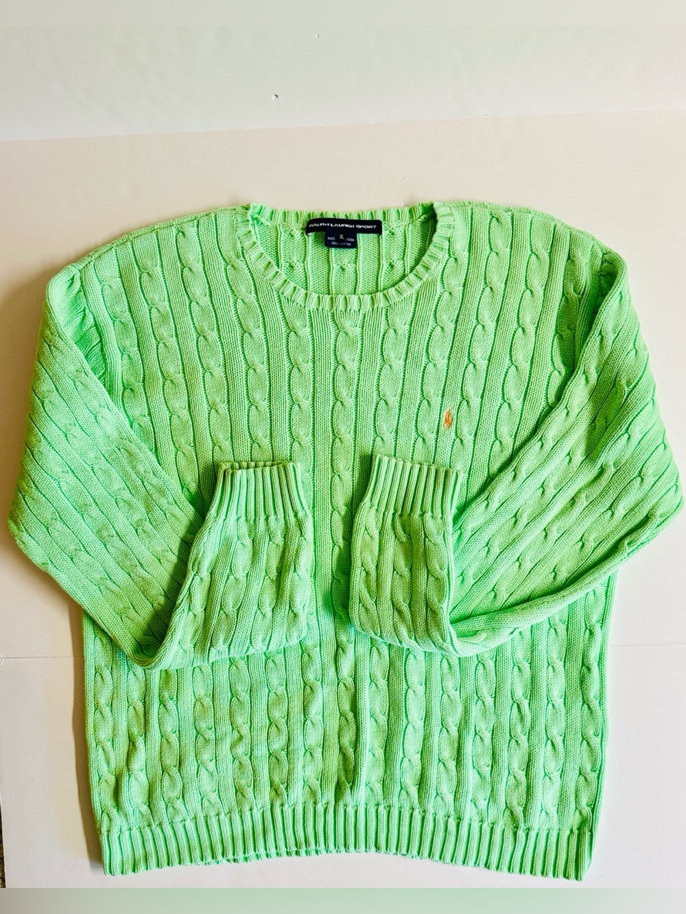 Vtg.Ralph Lauren Cable-Knit Green Crewneck Sweater.Made in Hong Kong.Size XL